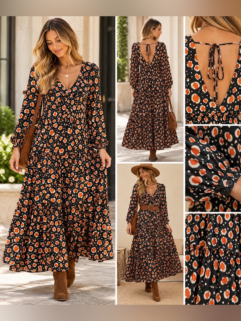 🧡 Who What Wear Abstract Print Tiered Maxi Dress – Black & Orange